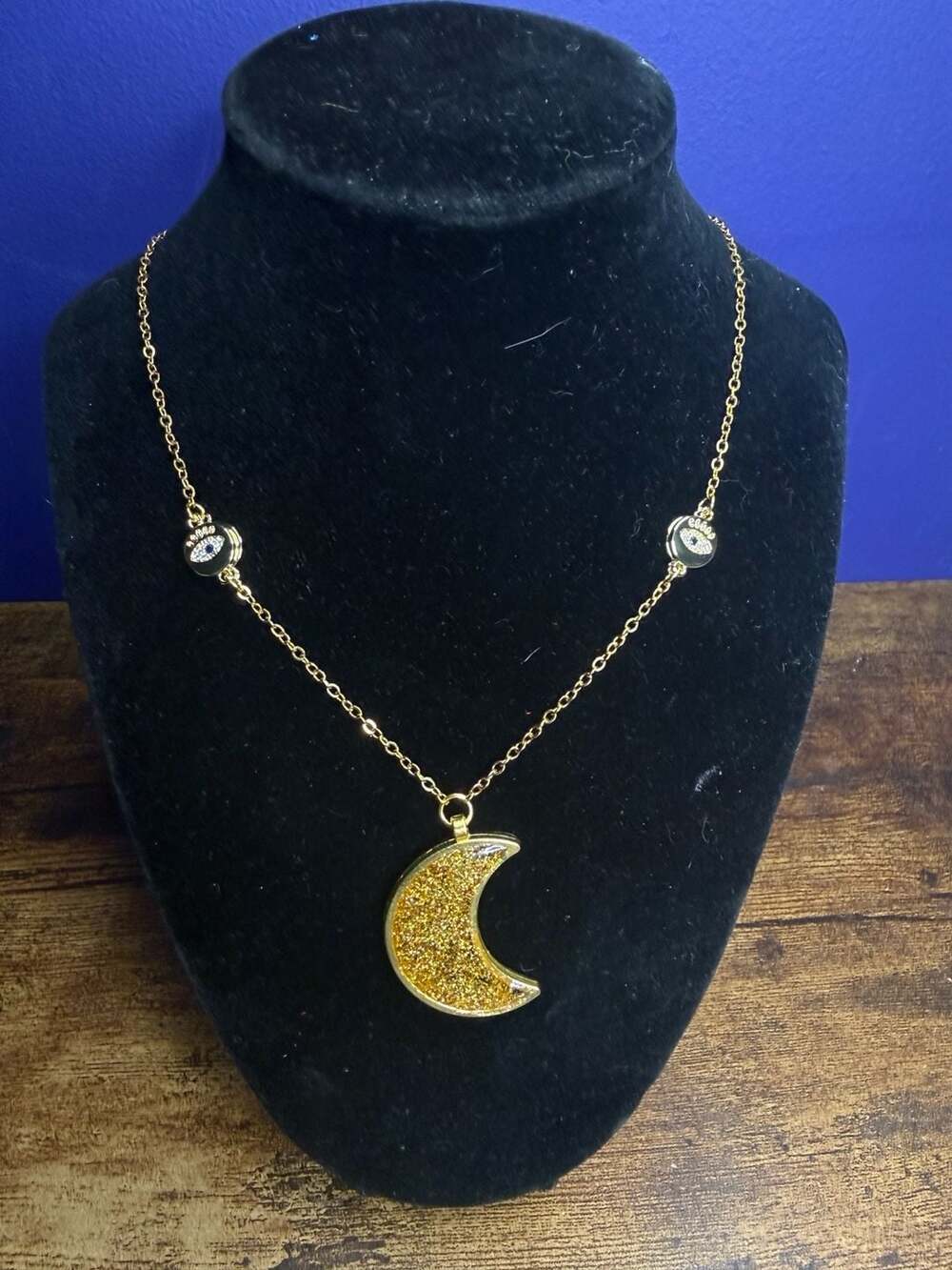 Handmade Gold-Tone Crescent Moon and Evil Eye Chain Necklace